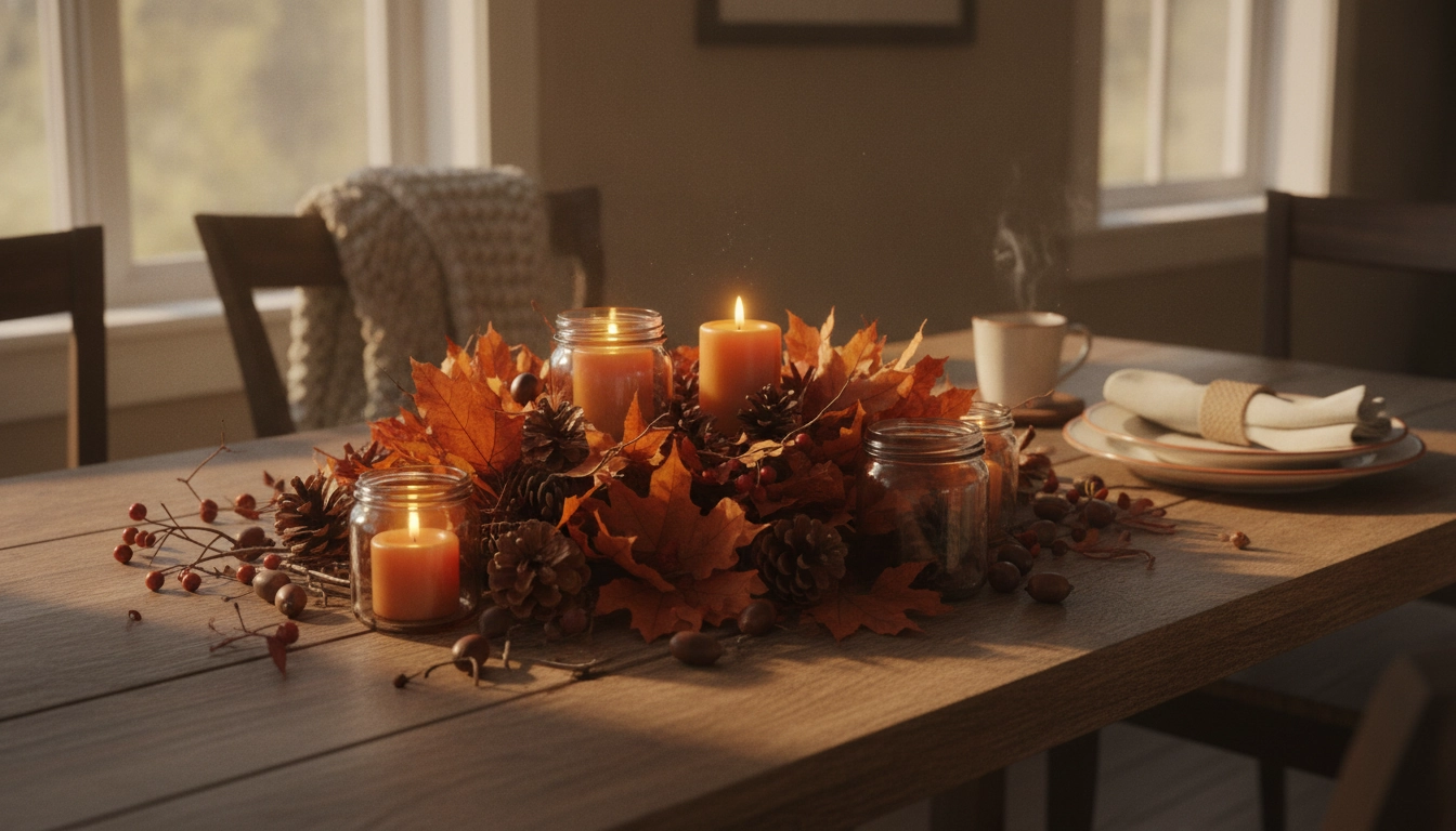 Magnifique bricolage décoration intérieur saisonnière automne avec des feuilles mortes et des bougies.