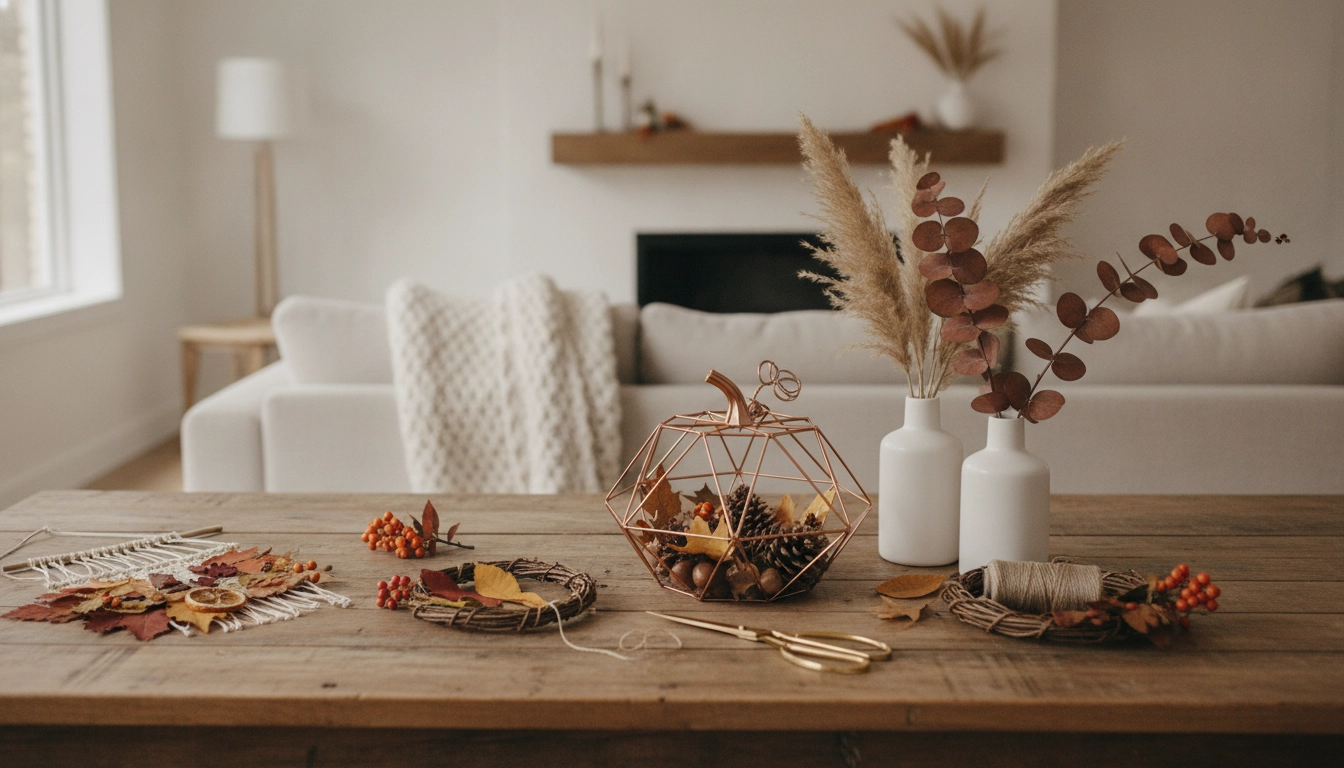 Bricolage décoration intérieur saisonnière automne sur une table en bois rustique.