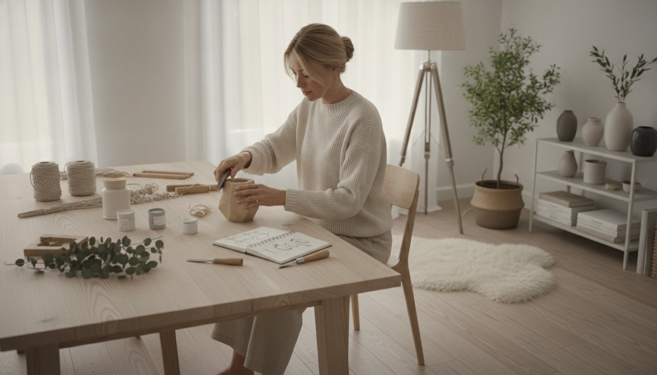 Un salon minimaliste avec des éléments de bricolage décoration intérieur style scandinave faits maison.