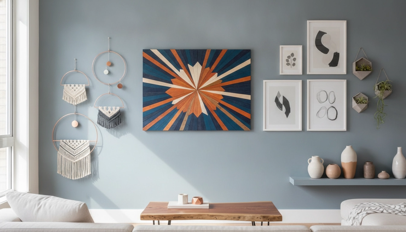Exemple de bricolage décoration murale intérieur moderne avec des tasseaux en bois