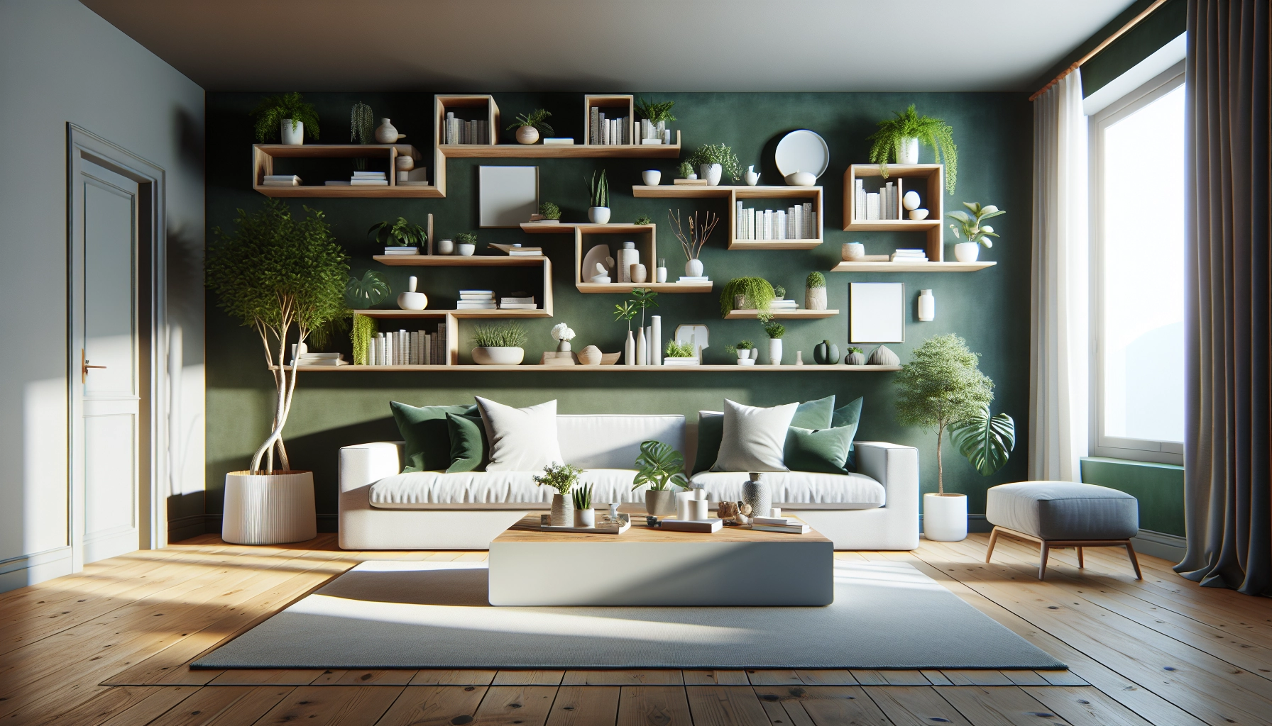 Salon transformé par un bricolage décoration salon facile et rapide avec mur couleur et étagères flottantes en bois