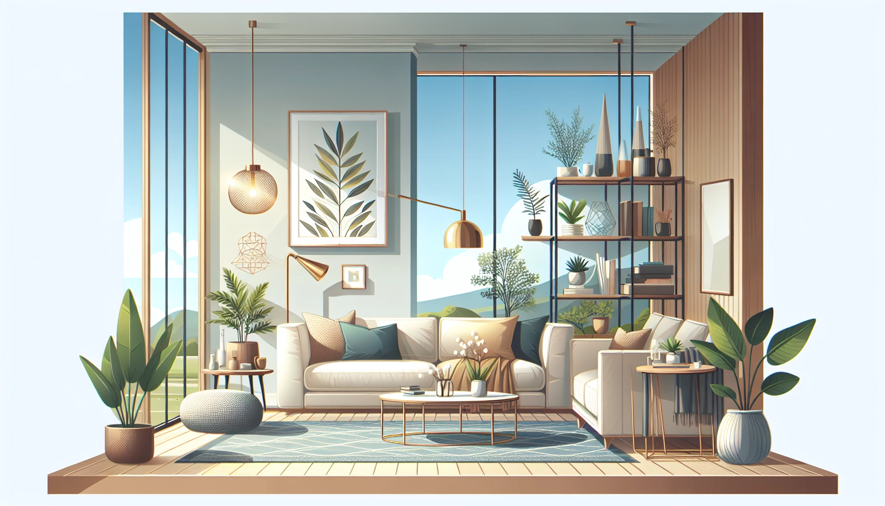 Salon moderne relooké grâce à un bricolage décoration facile et rapide avec étagères flottantes et mur coloré