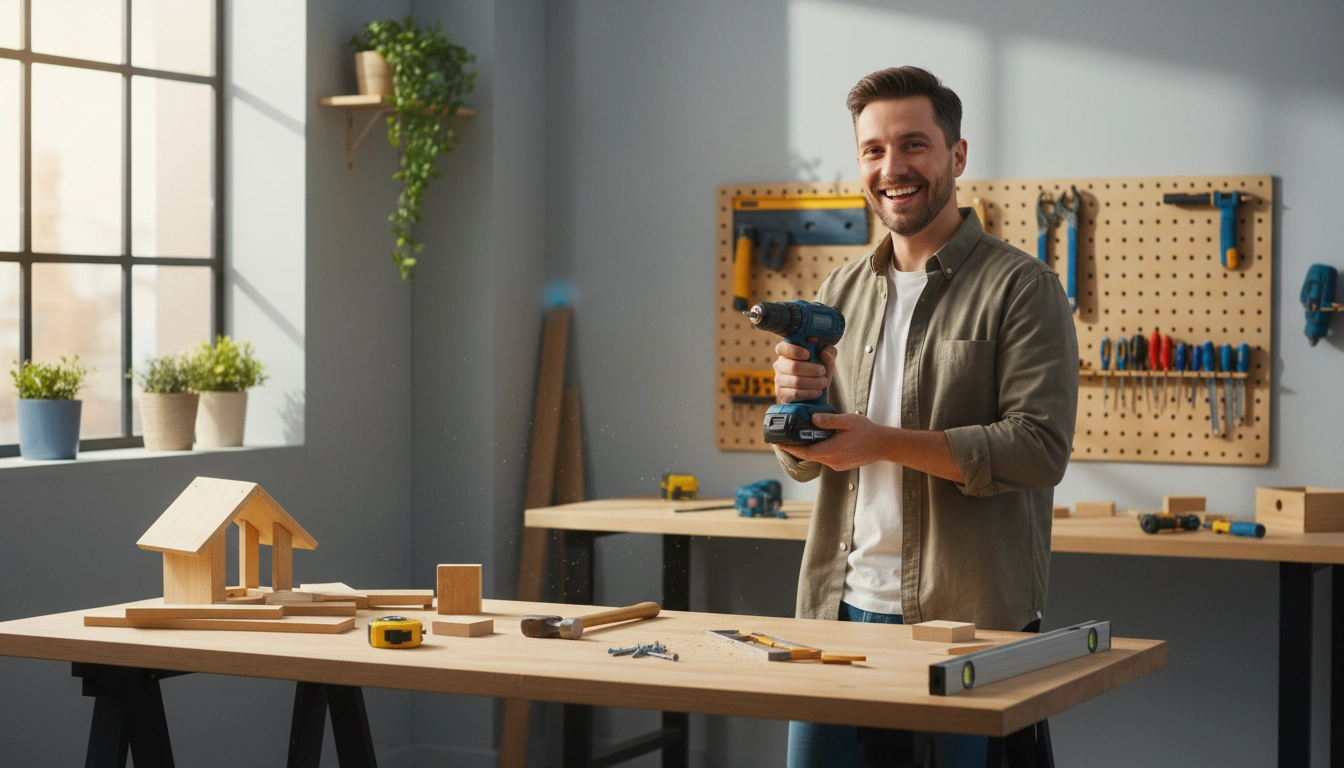 Débutant qui se lance dans le bricolage facile avec une perceuse sans fil dans un atelier lumineux
