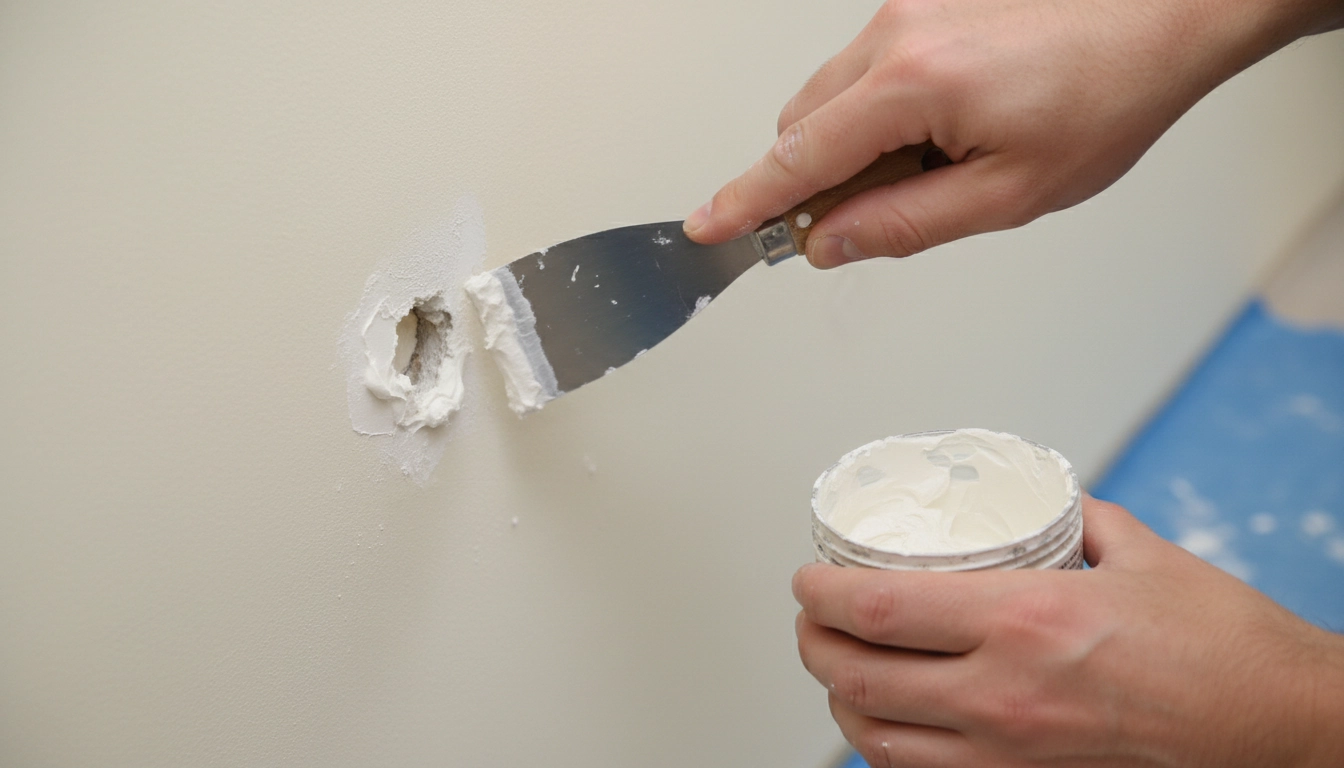 Réparation facile d'un trou dans un mur avec enduit de rebouchage lors d'une petite réparation maison