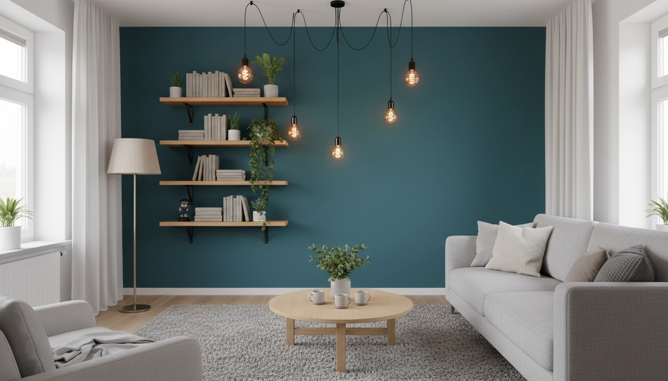 Mur peint en couleur profonde avec étagères flottantes réalisées en bricolage décoration intérieur