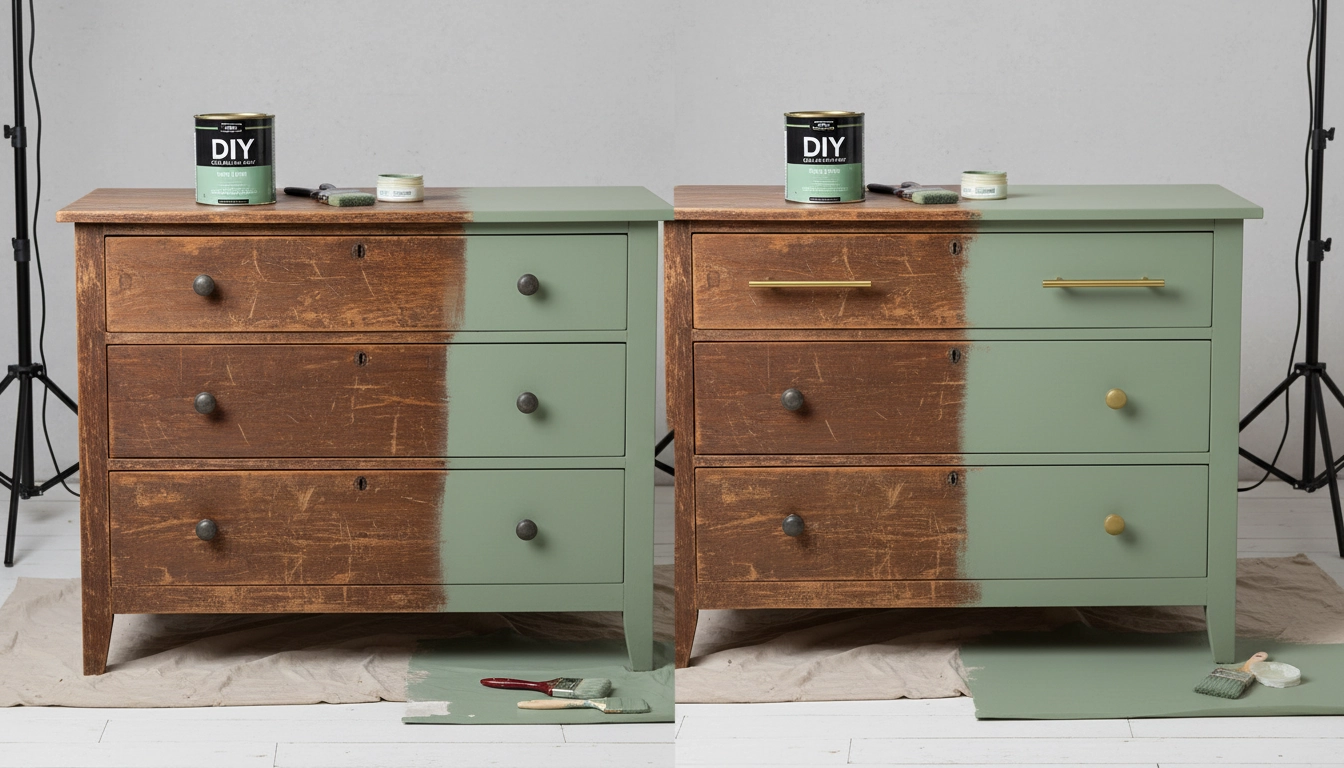 Rénovation d'une commode ancienne avec peinture à la craie verte et nouvelles poignées en laiton