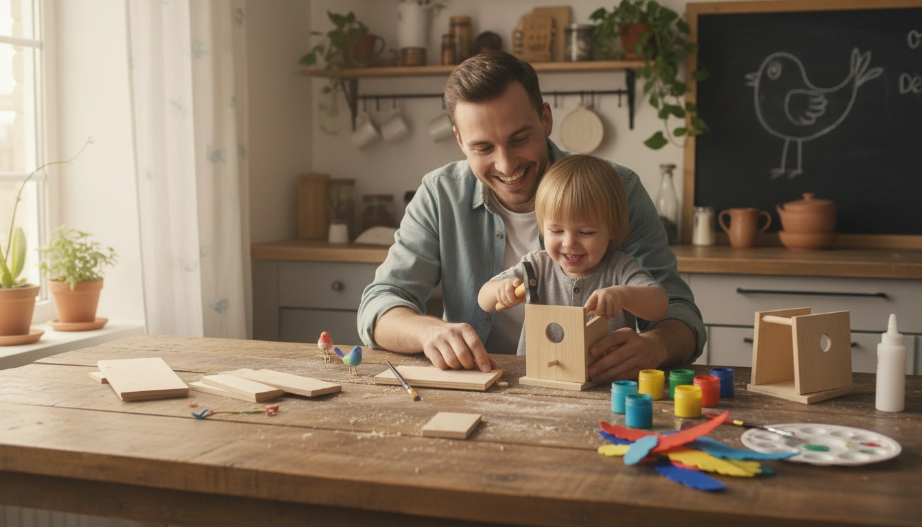 Parent et enfant réalisant ensemble un projet de bricolage facile avec du bois et de la peinture non toxique