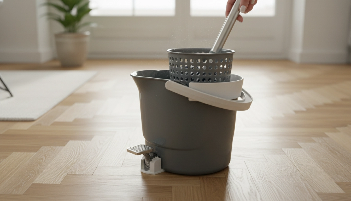 Seau avec système d'essorage rotatif pour contrôler l'humidité lors de l'entretien des revêtements en bois.