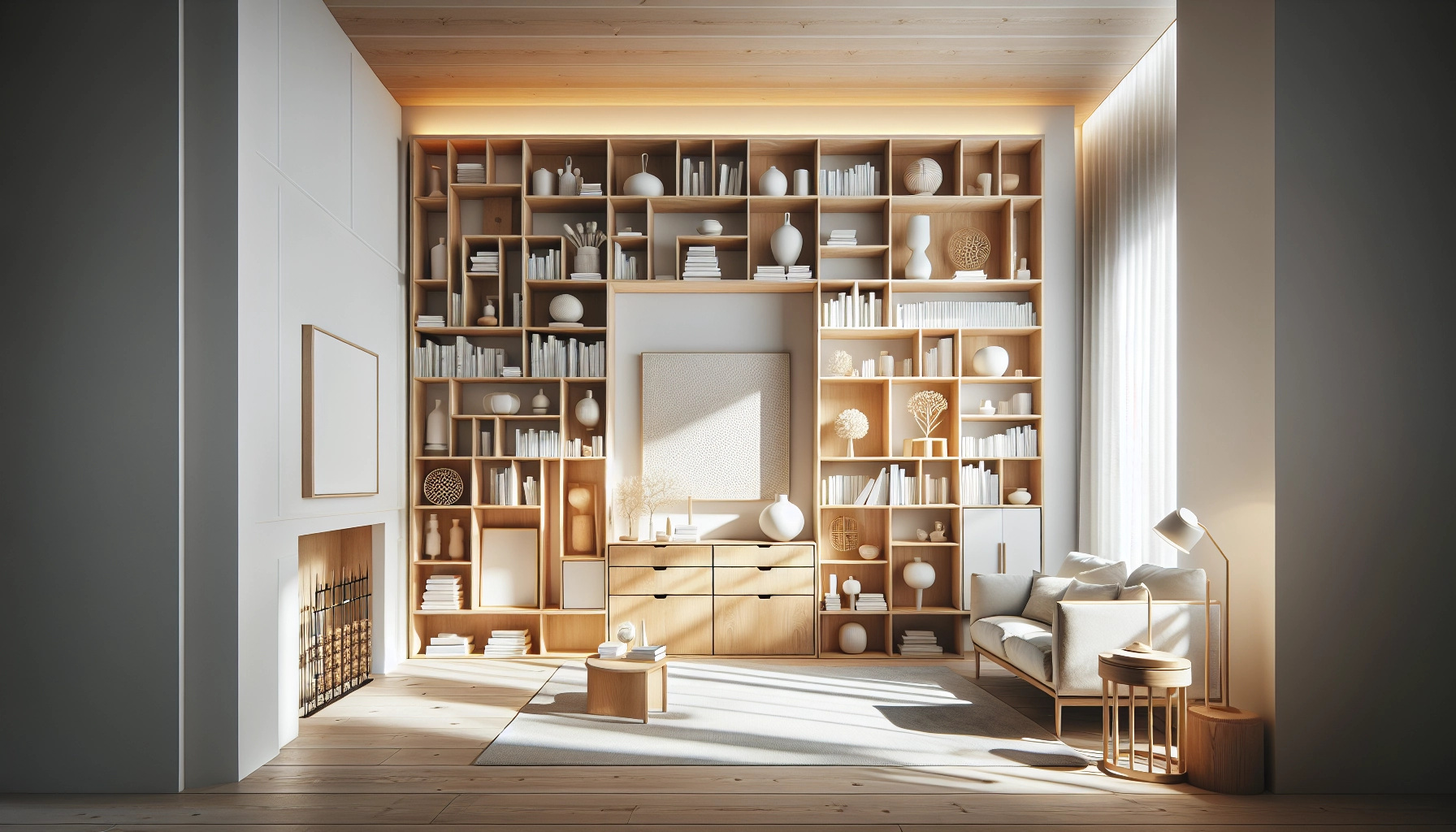 Choisir meubles rangement design et fonctionnels : bibliothèque scandinave en chêne clair dans un salon lumineux