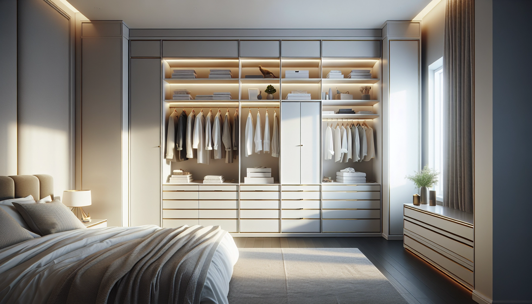 Meuble de rangement design et fonctionnel dans une chambre moderne avec dressing encastré