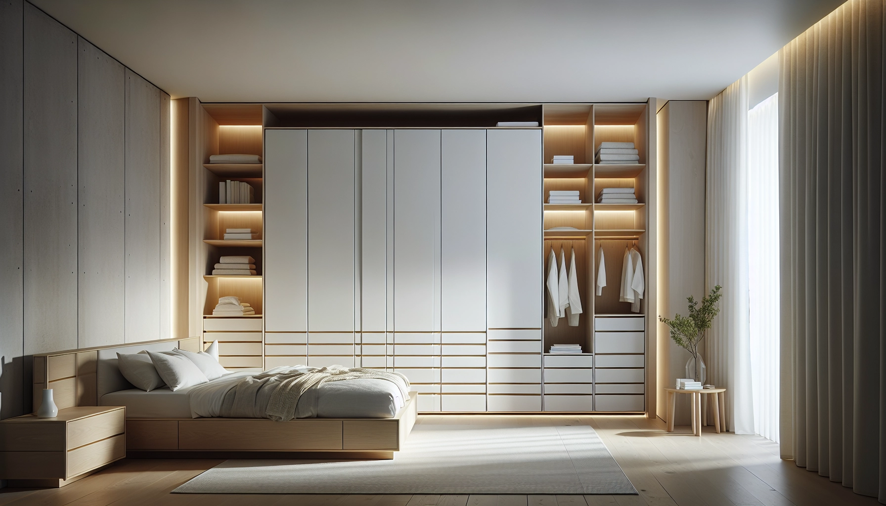 Meuble de rangement design et fonctionnel dans une chambre contemporaine aux tons neutres apaisants