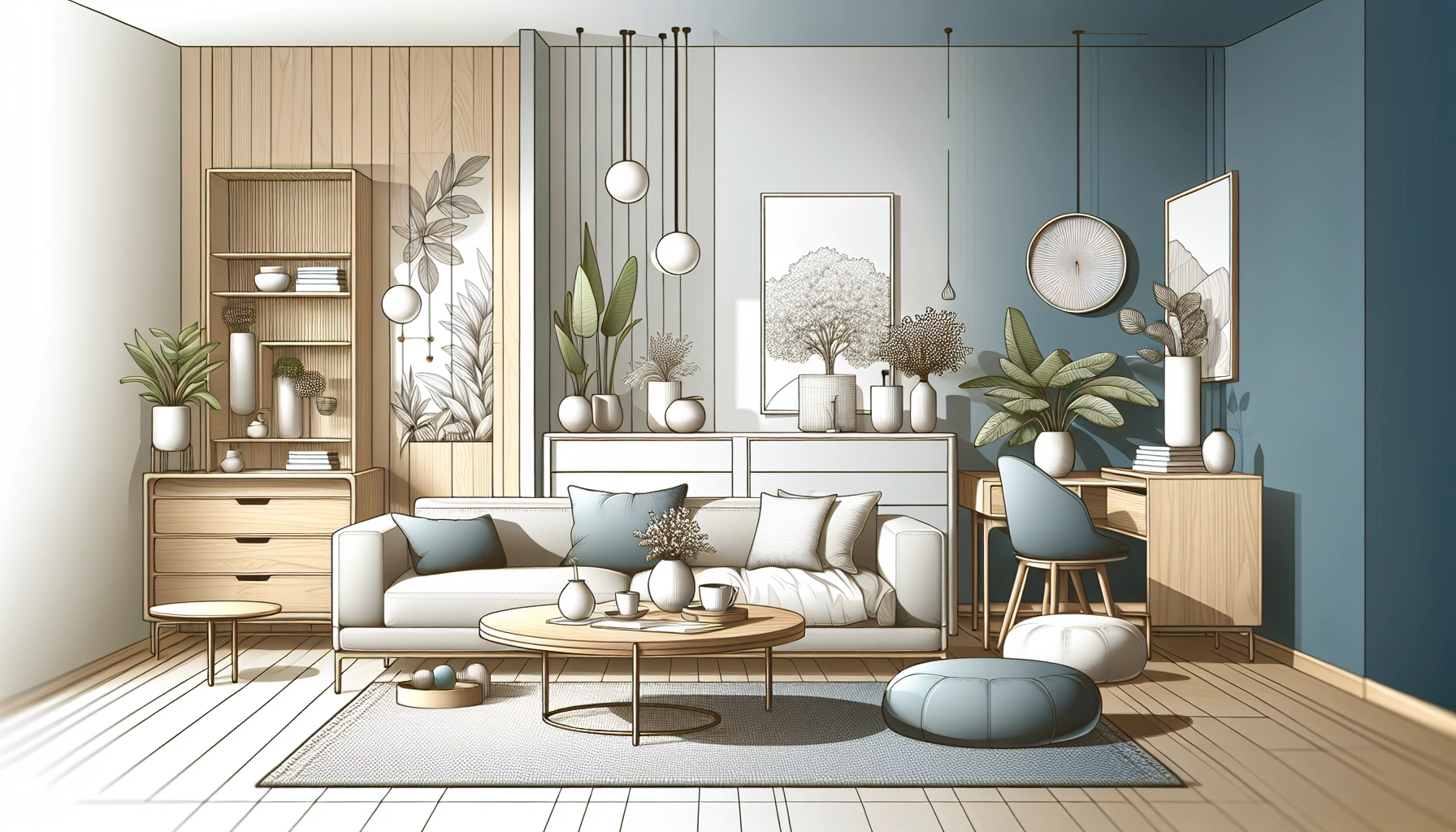 Salon moderne avec des meubles de rangement design et fonctionnels en bois clair et métal noir