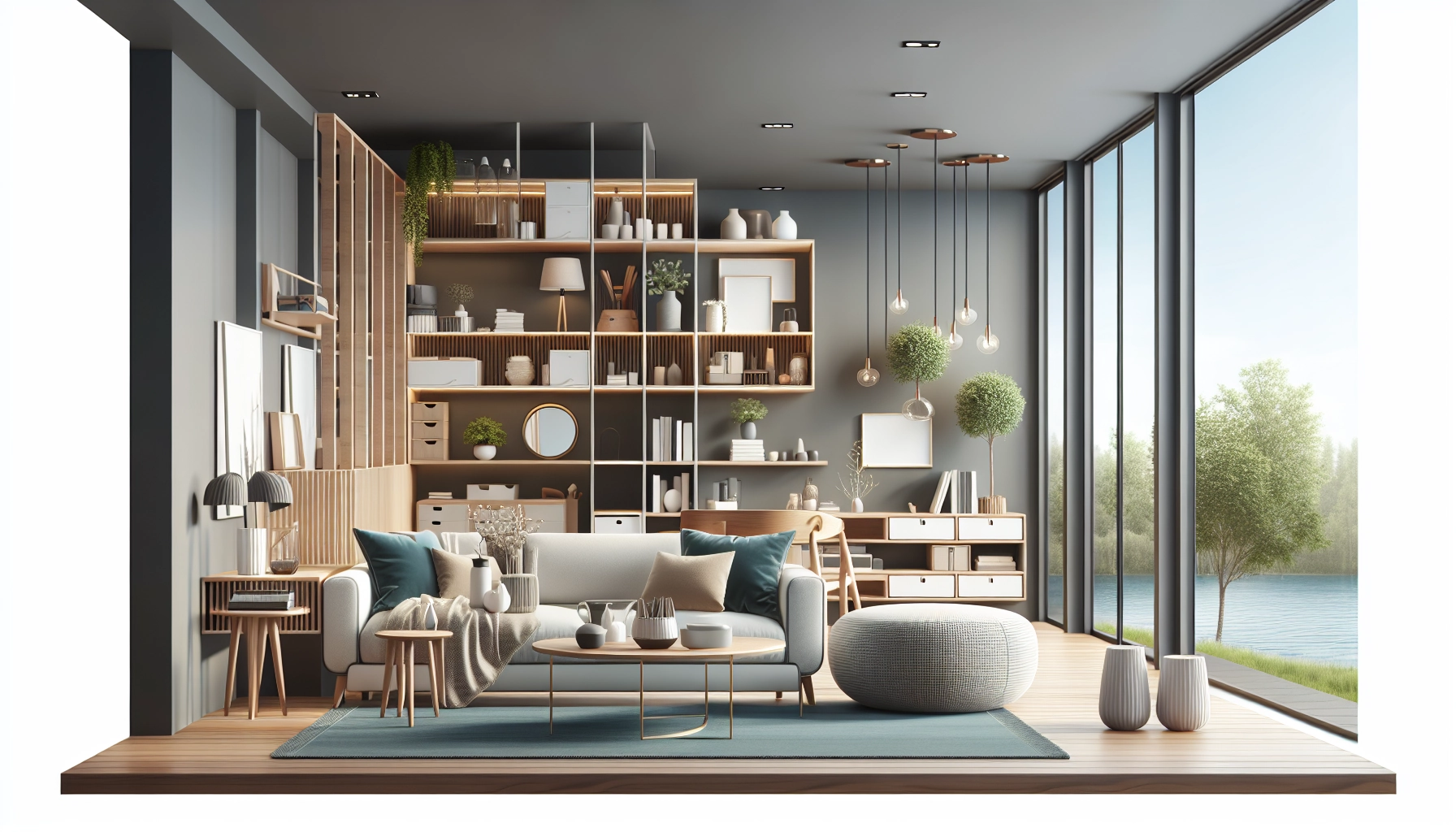 Salon harmonieux avec des meubles rangement design et fonctionnels en bois clair style scandinave