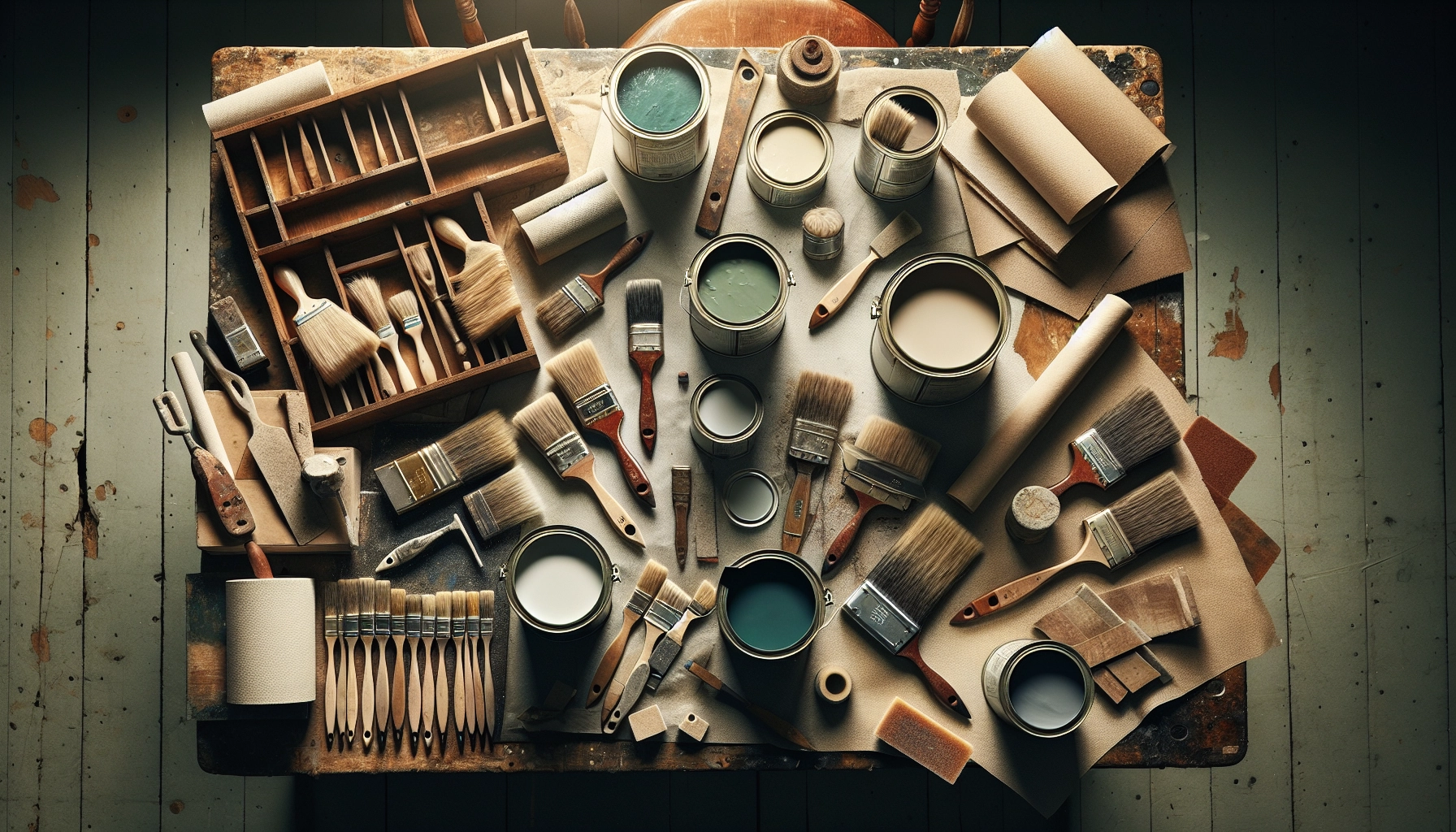 Matériaux pour choisir peinture finition meuble ancien : pinceaux, rouleaux, pots de peinture et papier de verre sur établi en bois