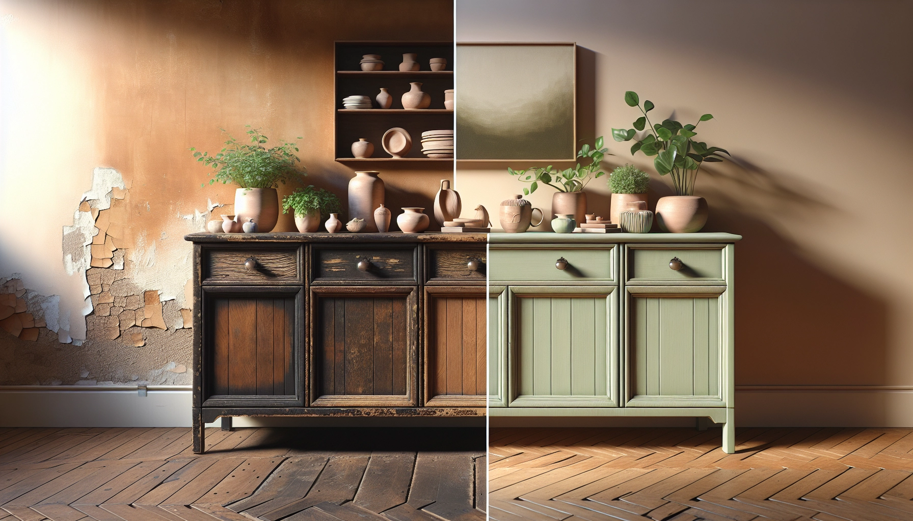 Résultat avant après pour choisir peinture finition meuble ancien : buffet restauré avec peinture craie et cire de protection