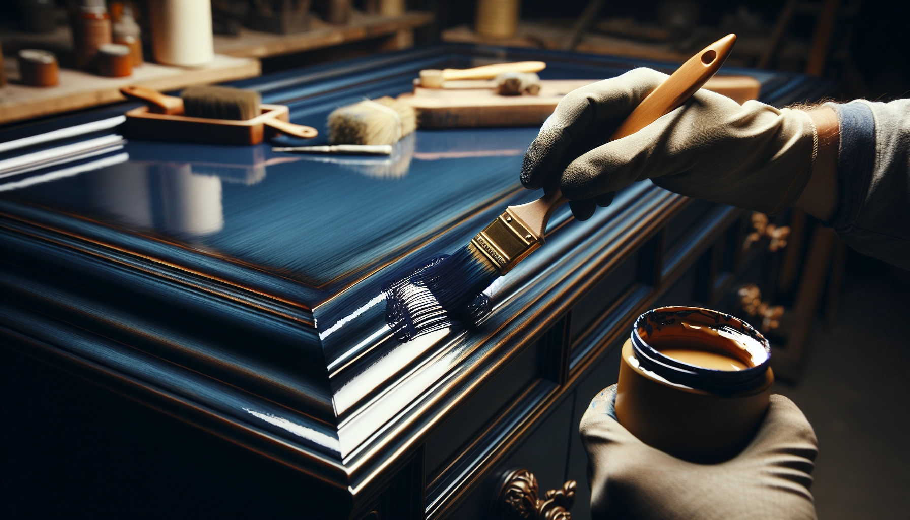 Application d'un vernis satiné de protection sur un meuble ancien repeint en bleu profond