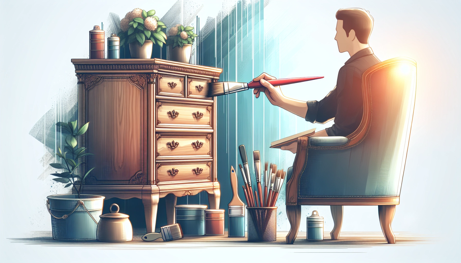 Guide pour choisir peinture finition meuble ancien : pots de peinture, pinceaux et meuble en bois en cours de restauration