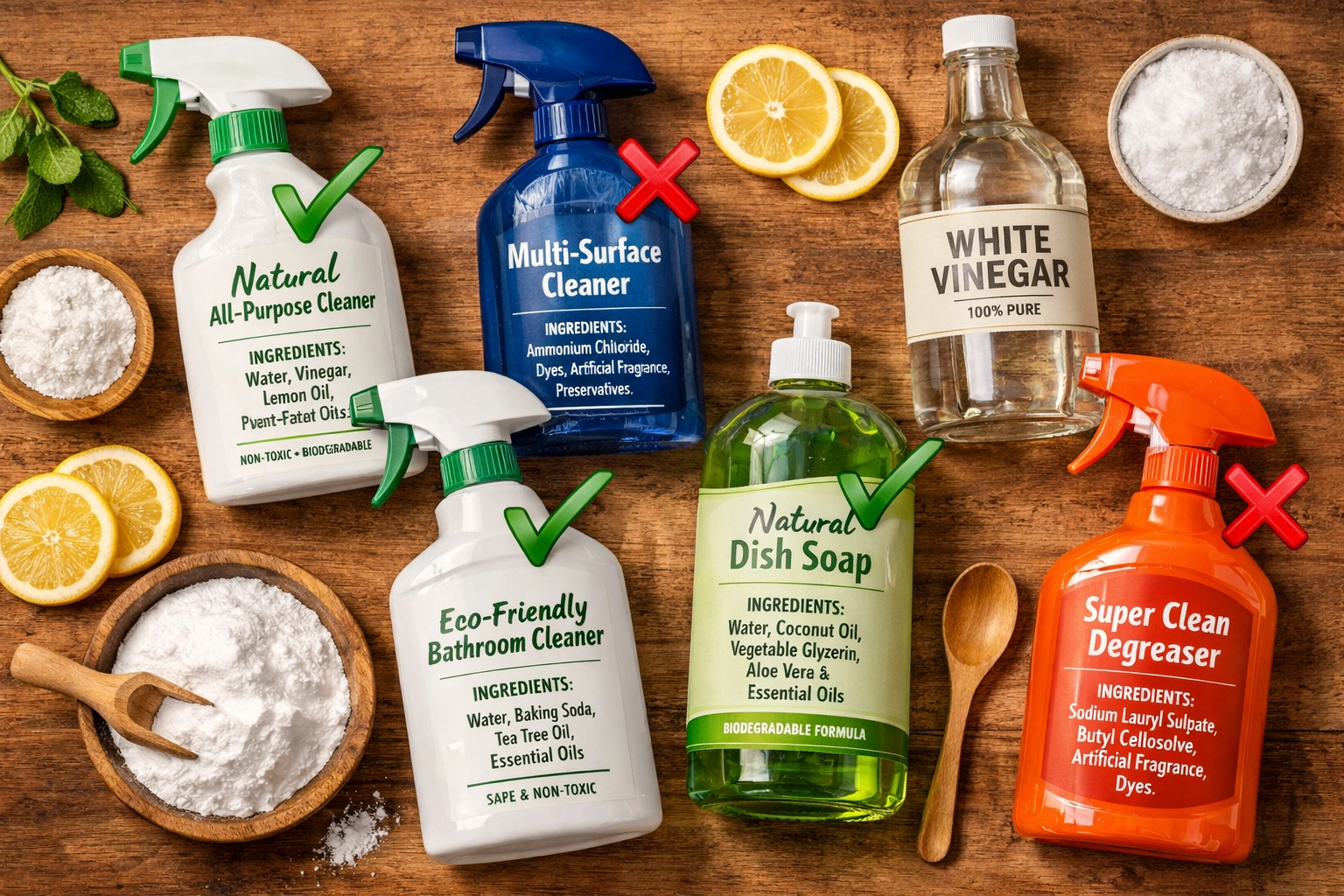 Différents produits ménagers en magasin pour apprendre à choisir produits ménagers naturels en magasin en lisant les étiquettes