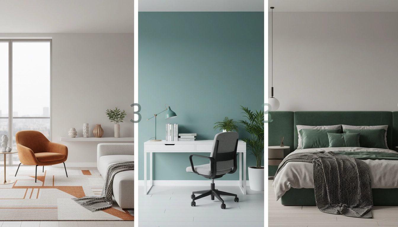 Un salon moderne illustrant un choix couleurs accentuation intérieur dynamiser pièce avec des coussins moutarde et un mur gris clair.