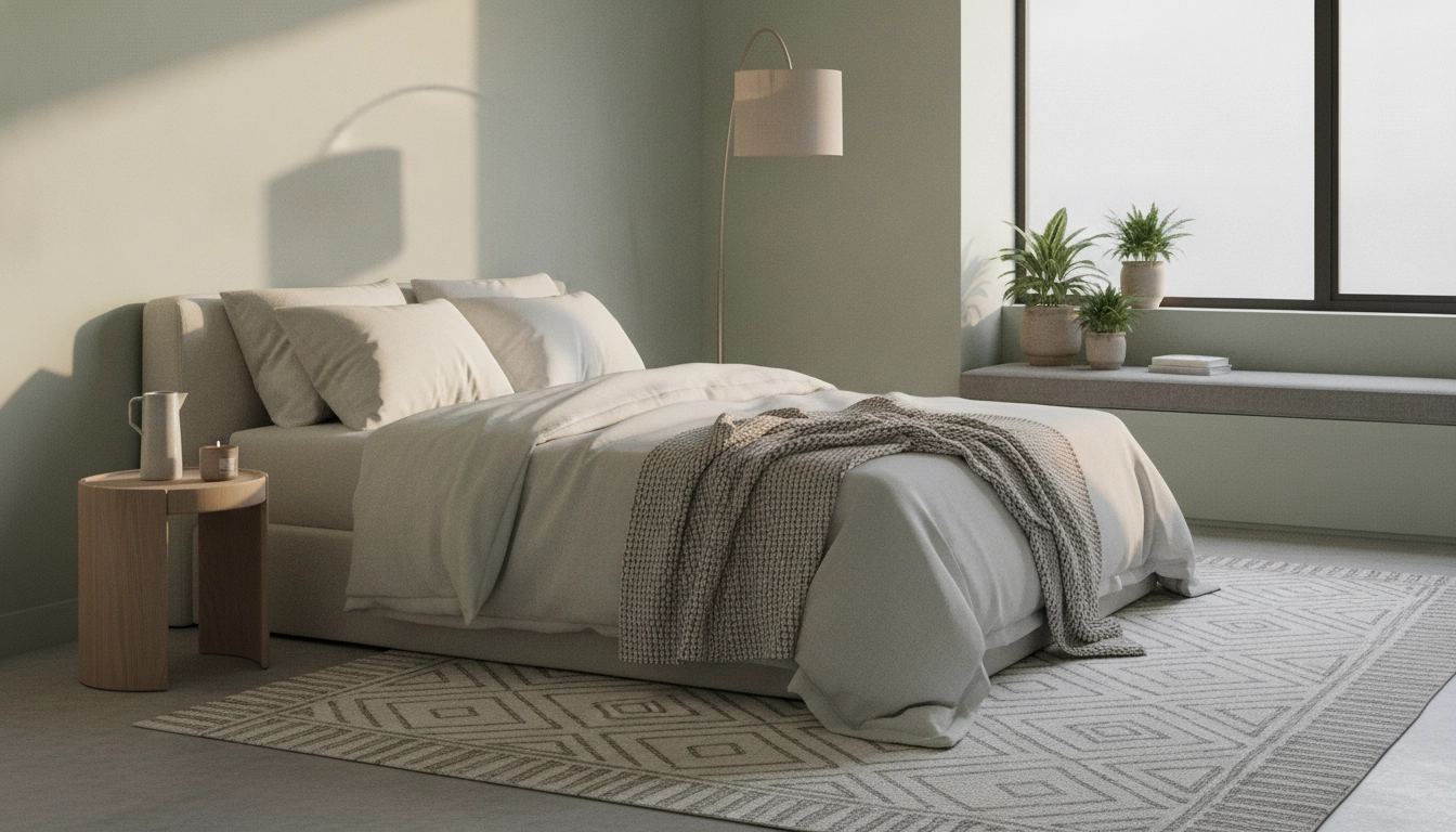 Un exemple parfait de choix couleurs intérieur chambre adulte relaxation avec des teintes de vert sauge.