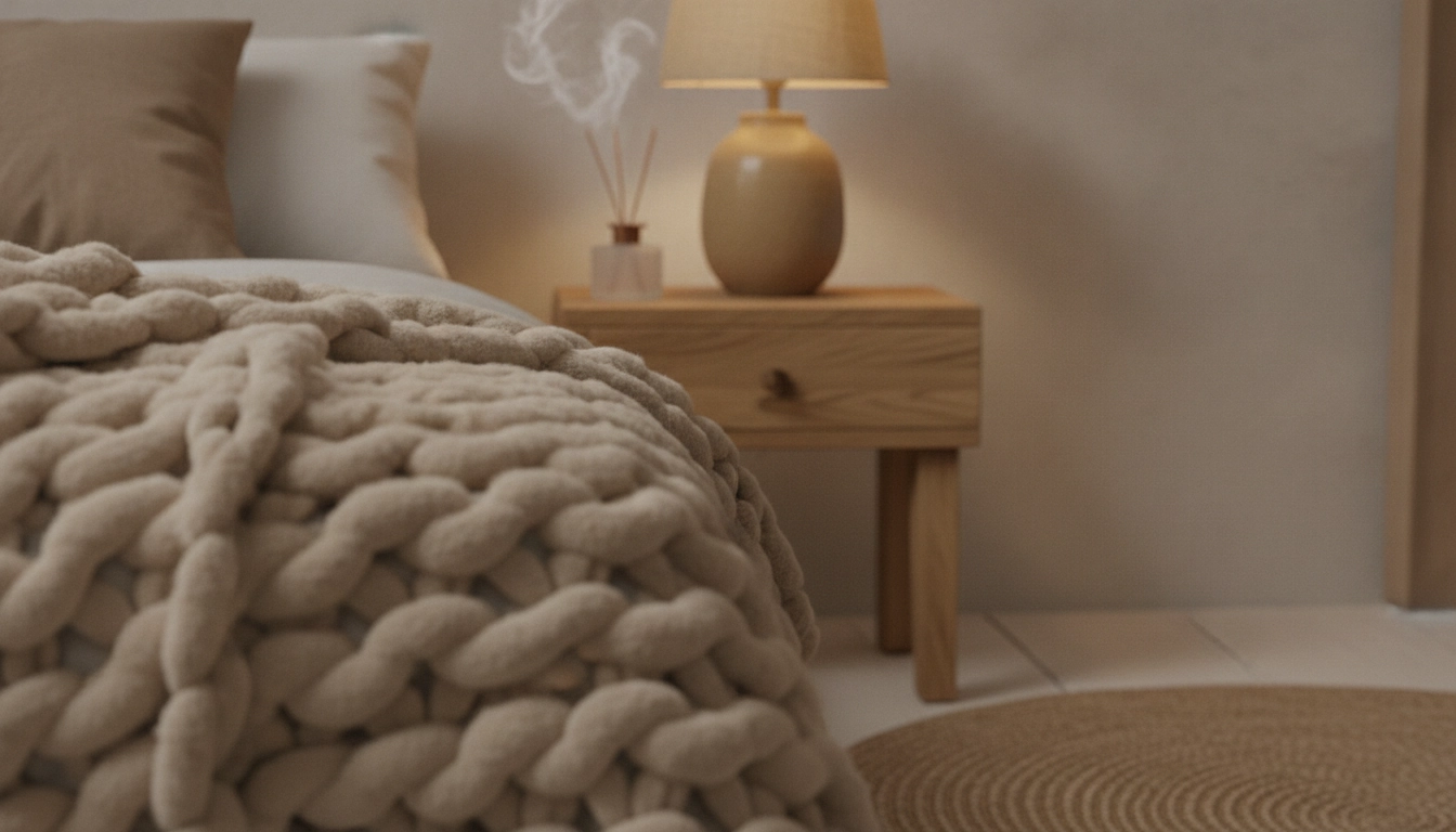 Détail de textures douces complétant le choix couleurs intérieur chambre adulte relaxation.