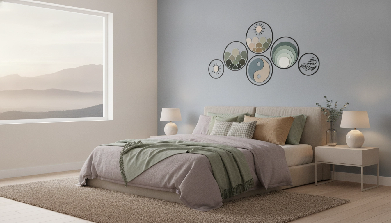 Ambiance apaisante avec un choix couleurs intérieur chambre adulte relaxation dans des tons doux.