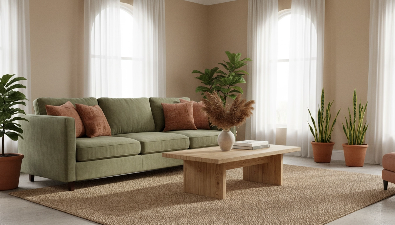 Salon lumineux illustrant un choix couleurs intérieur harmonieux avec des tons beige, vert sauge et terracotta