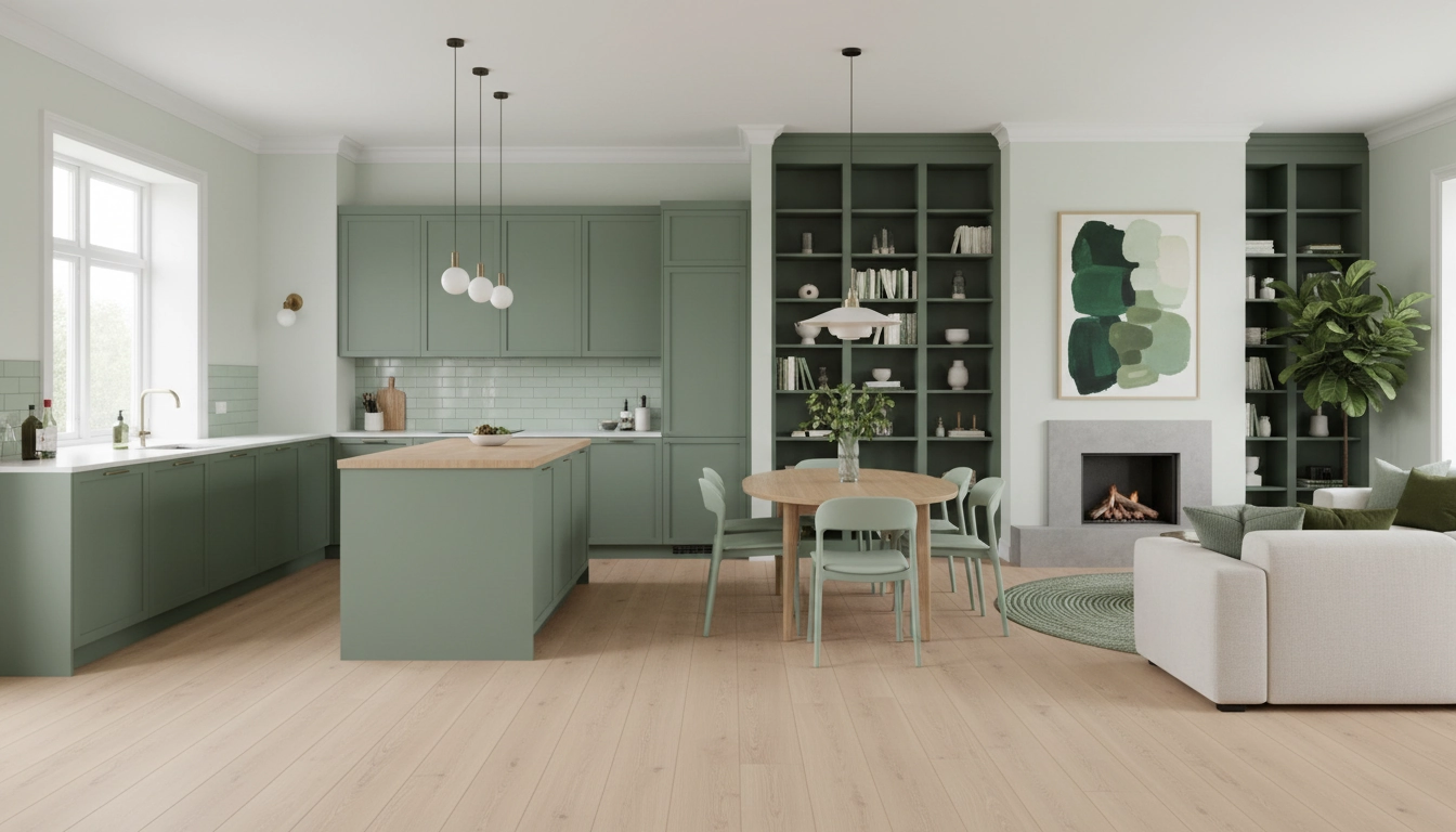 Espace ouvert moderne avec un choix de couleurs intérieur cohérent en variations tonales de vert