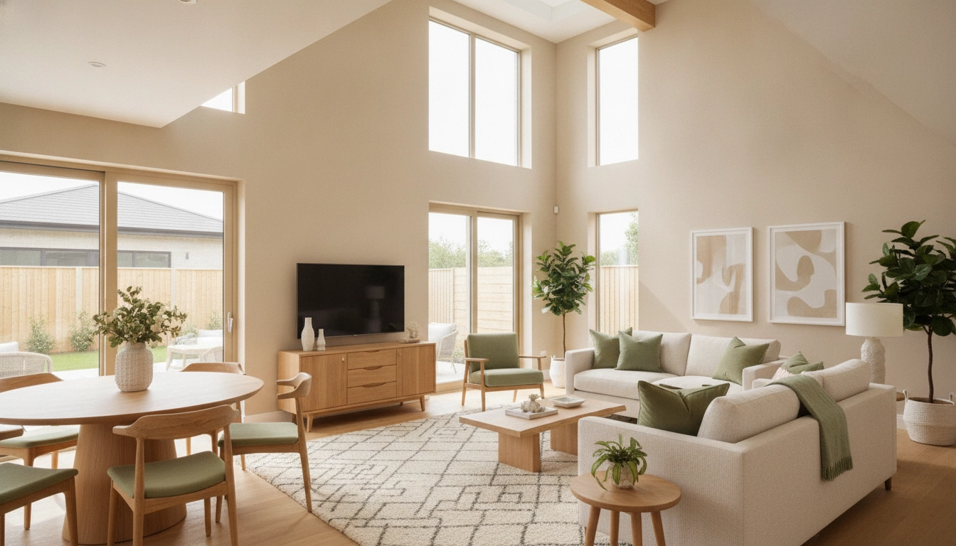 Exemple de choix couleurs intérieur espace ouvert harmonisation dans un salon moderne.