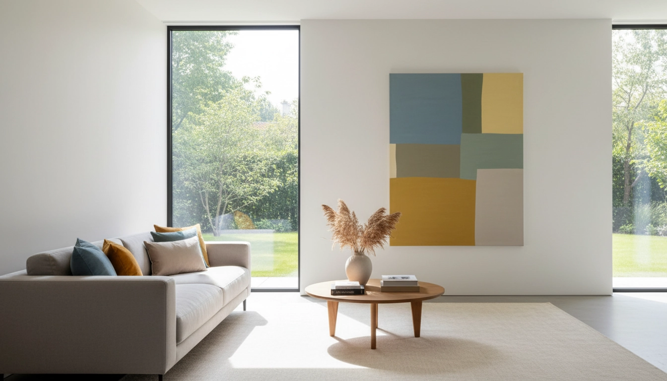 Palette de choix couleurs intérieur harmonieuse dans un salon lumineux avec des tons chauds et naturels