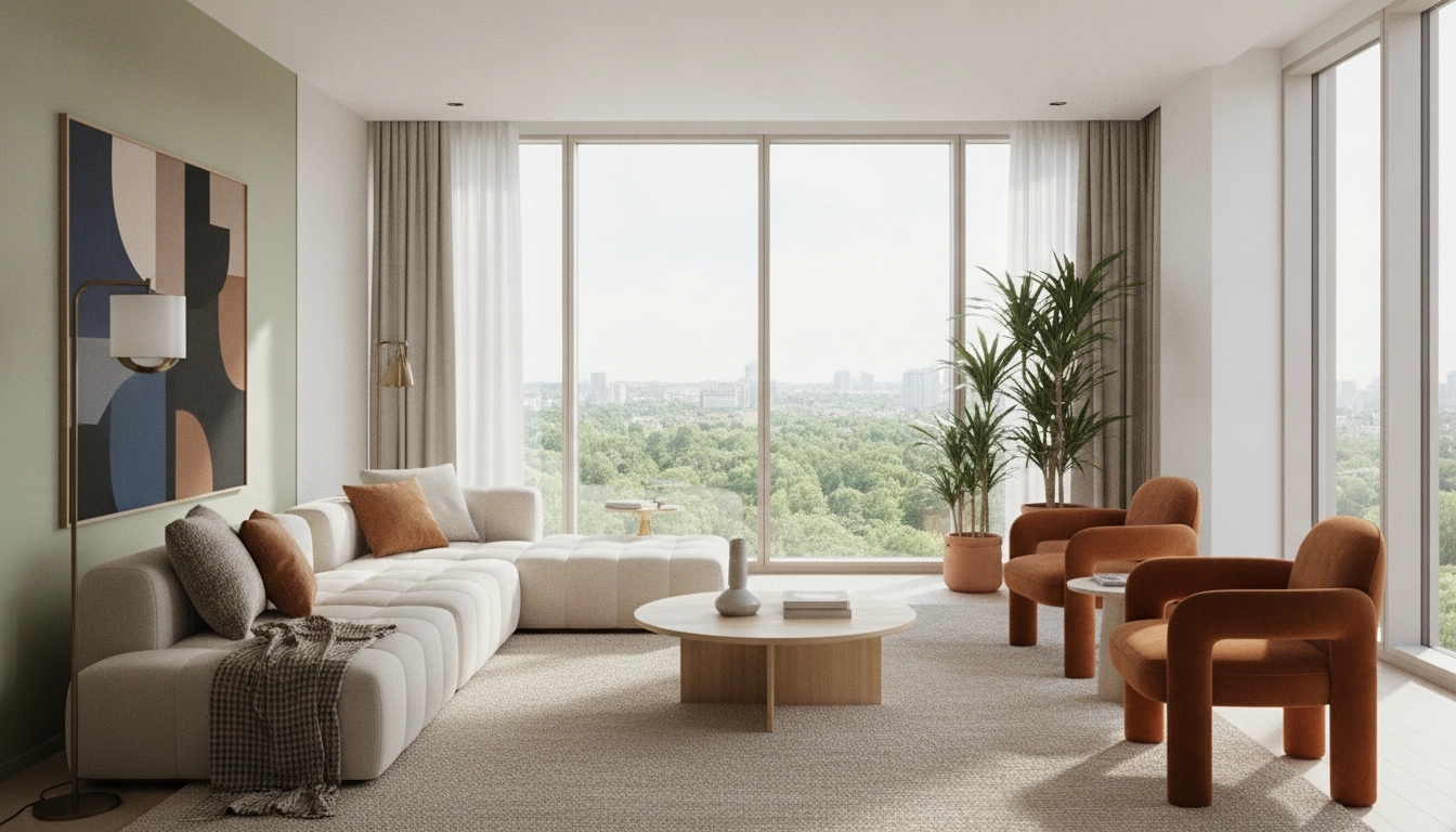Un salon lumineux illustrant un choix couleurs intérieur lumière naturelle artificielle réussi.