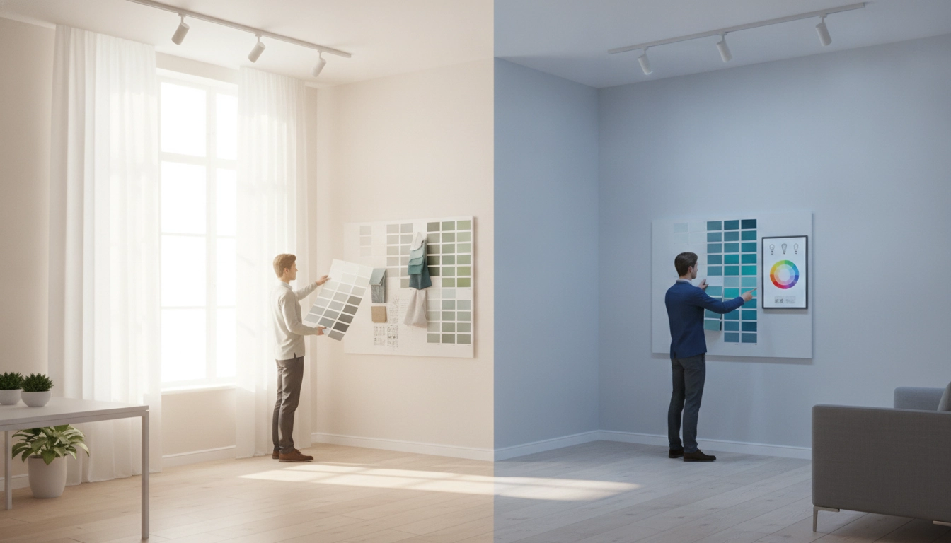 Exemple de choix couleurs intérieur lumière naturelle artificielle dans un salon moderne