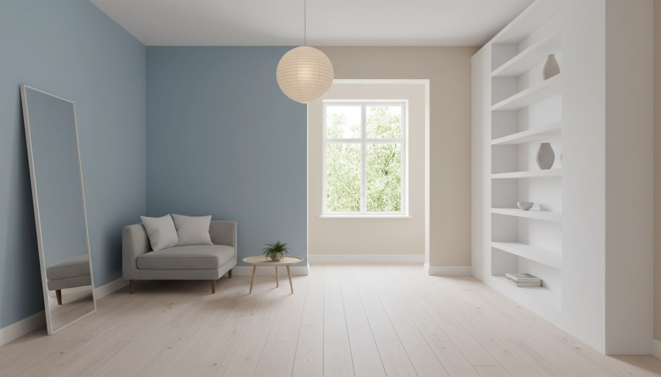 Salon lumineux aux murs blancs et teintes claires illustrant un choix de couleurs intérieur pour agrandir un petit espace