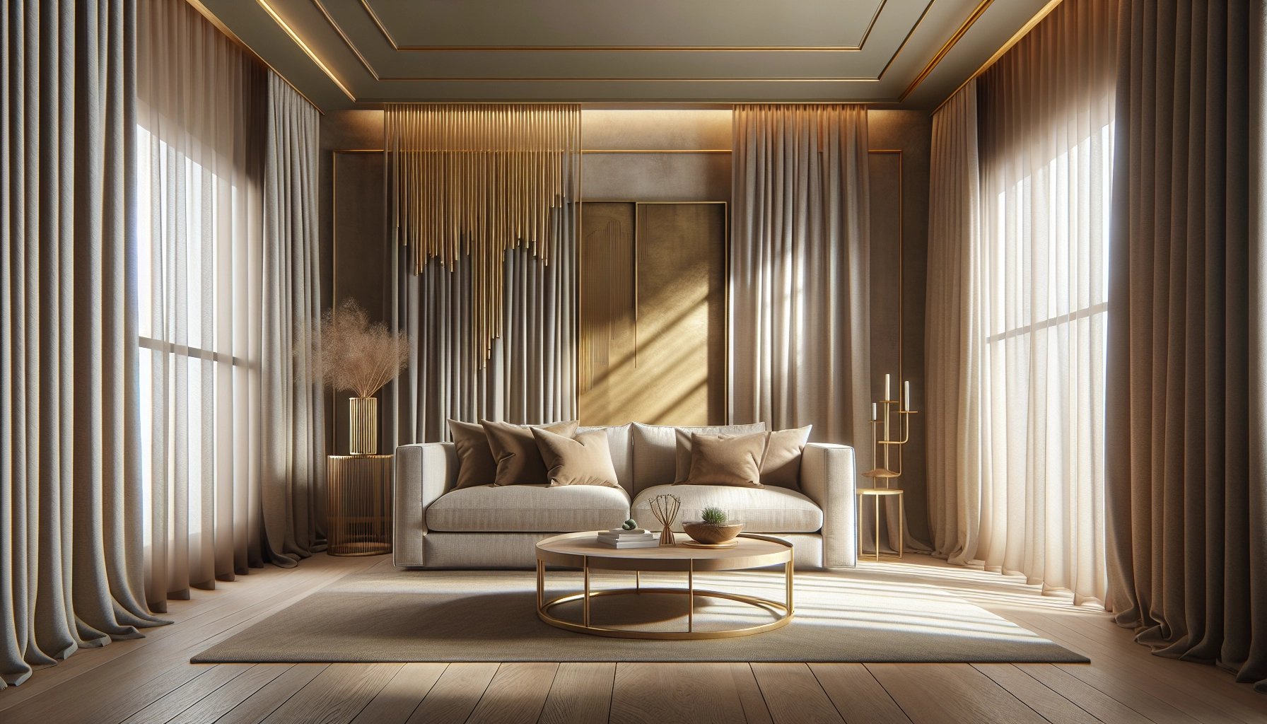 Salon au choix couleurs neutres intérieur chic élégant avec canapé taupe et accents laiton