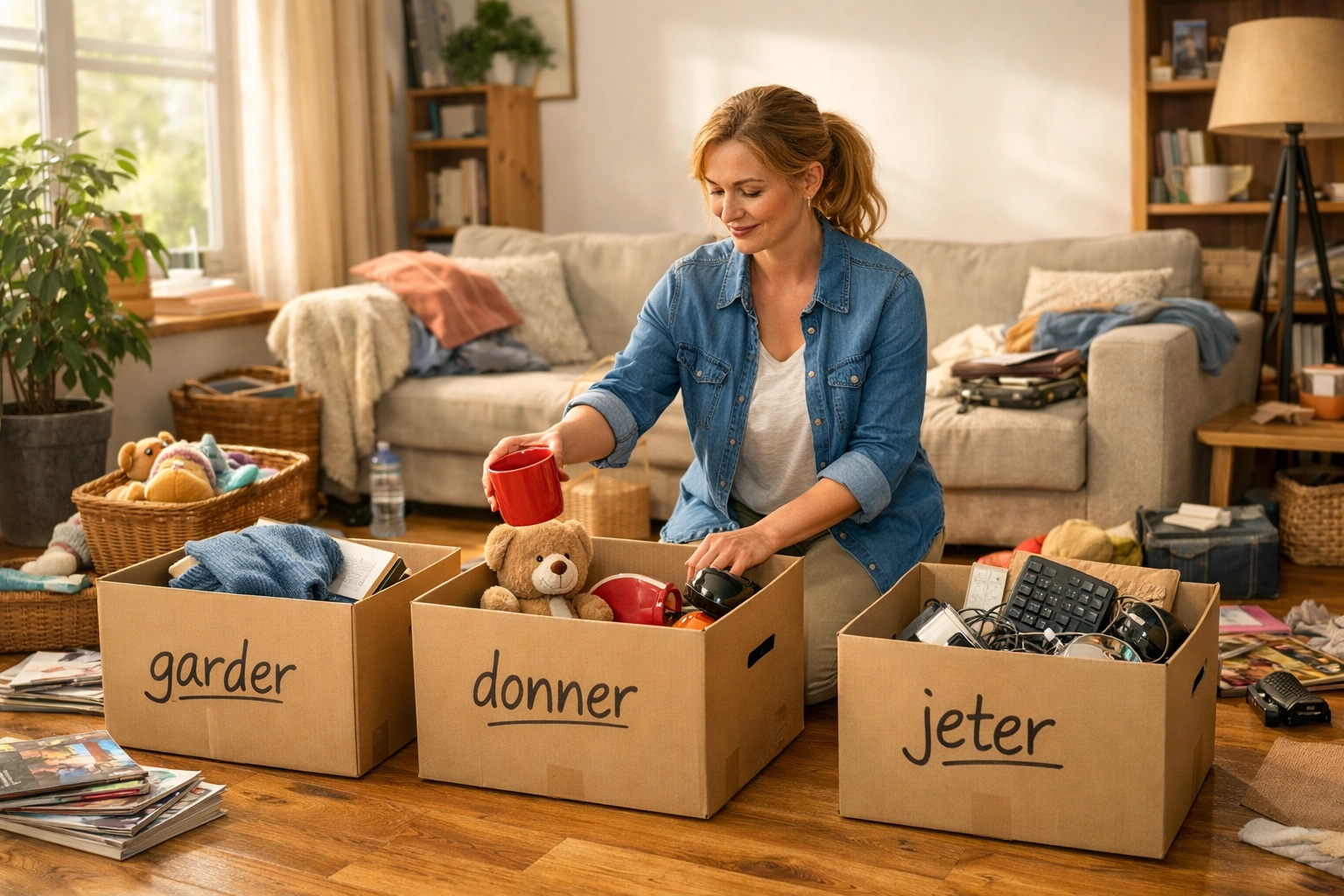 Femme qui illustre par où commencer désencombrer maison quand on est débordé en triant des objets dans trois boîtes étiquetées