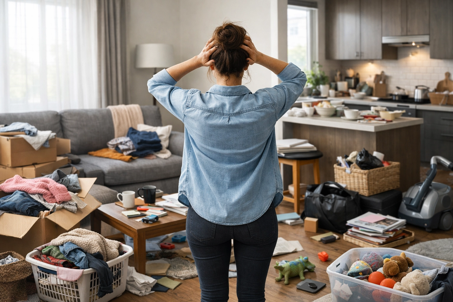 Femme qui commence à désencombrer son salon encombré, triant des objets dans des boîtes