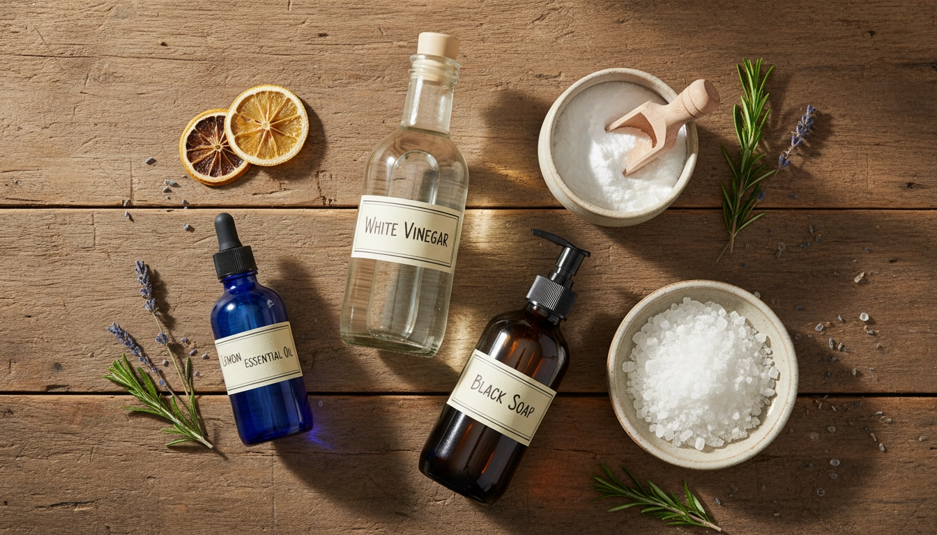 Ingrédients naturels pour comment fabriquer ses produits ménagers naturels soi-même : vinaigre blanc, bicarbonate, savon noir et huiles essentielles
