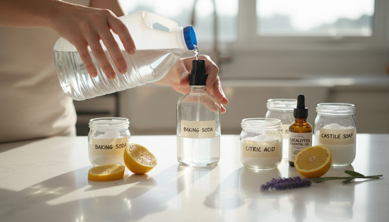 Préparation d'un spray nettoyant naturel maison avec du vinaigre blanc et des huiles essentielles