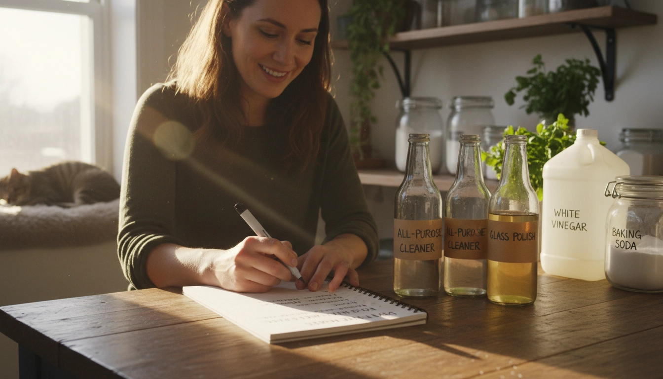 Personne étiquetant ses produits ménagers naturels faits maison dans sa cuisine selon un plan d'action progressif