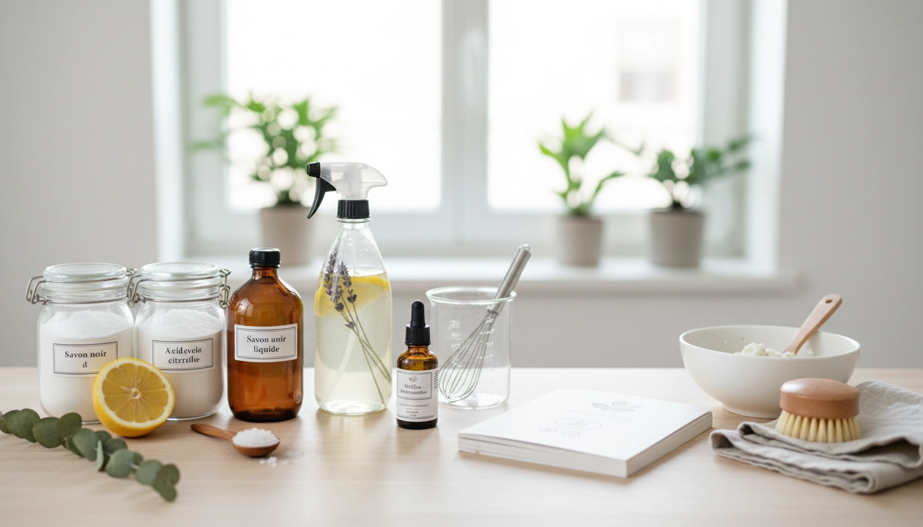 Ingrédients naturels pour fabriquer ses produits ménagers maison : vinaigre blanc, bicarbonate de soude, savon noir et huiles essentielles sur une table en bois