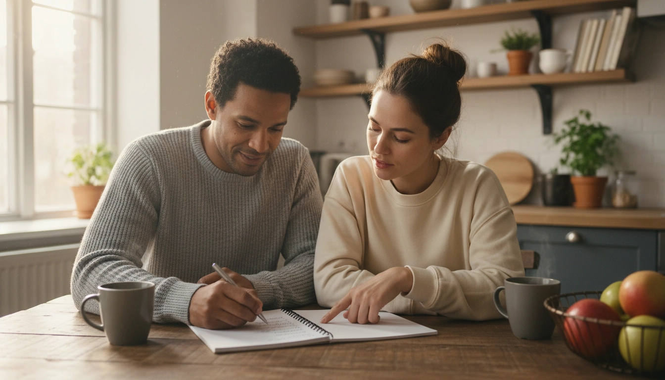 Couple qui apprend ensemble comment partager la charge mentale dans leur couple équitablement en listant les tâches du foyer