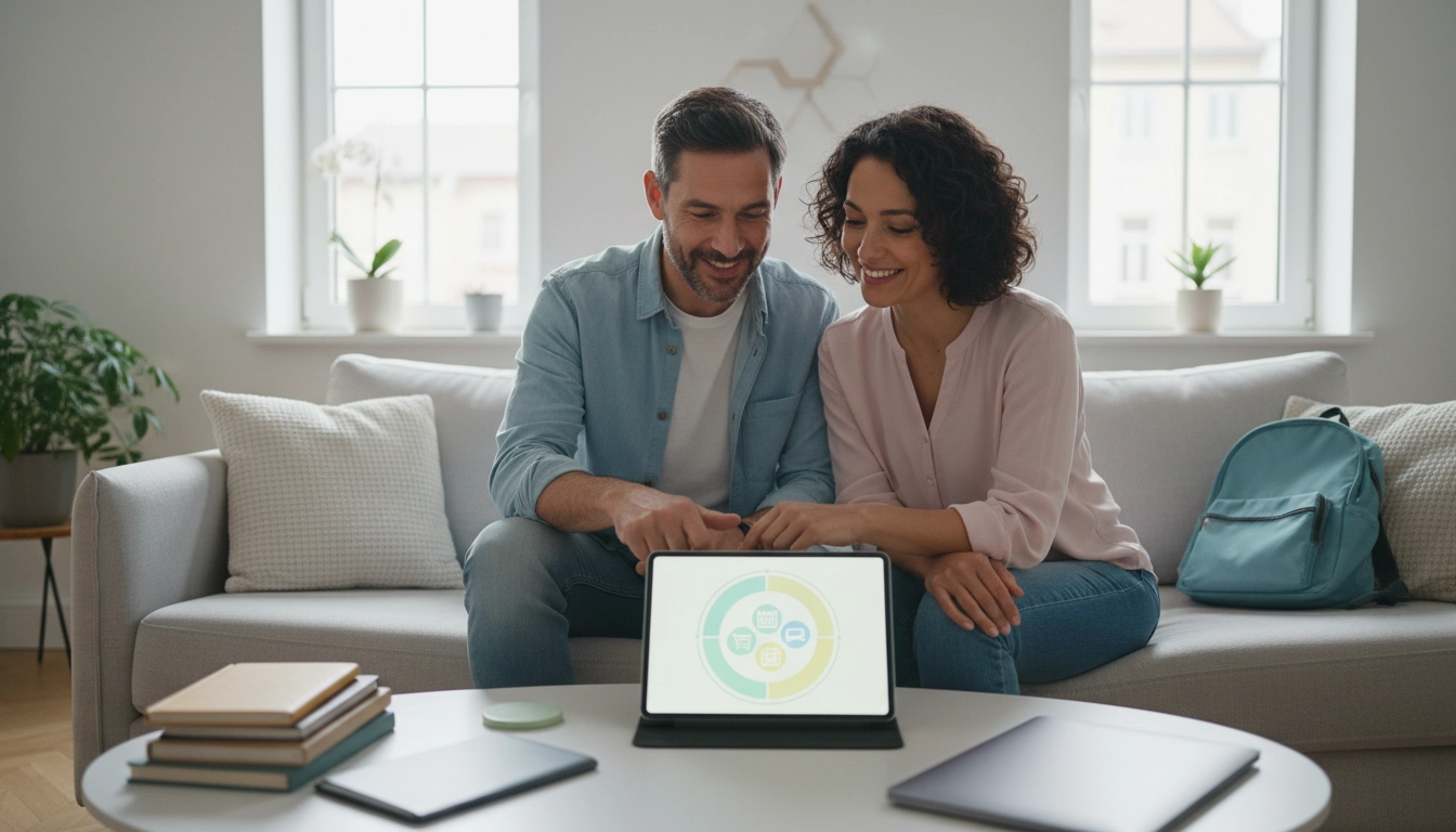 Couple assis ensemble autour d'une table, discutant de l'organisation du foyer et apprenant comment partager la charge mentale dans leur couple équitablement