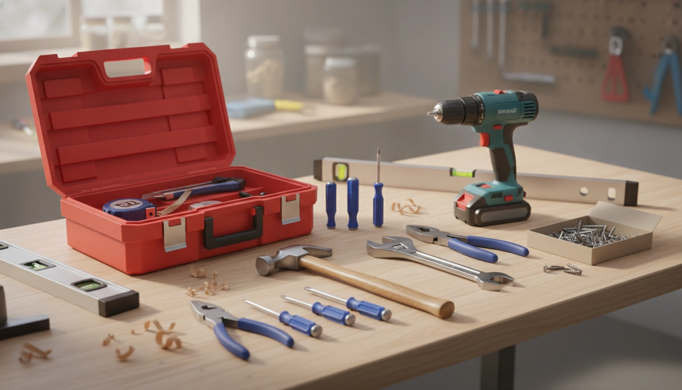 Un kit d'outils de bricolage de base bien organisé sur un établi en bois.