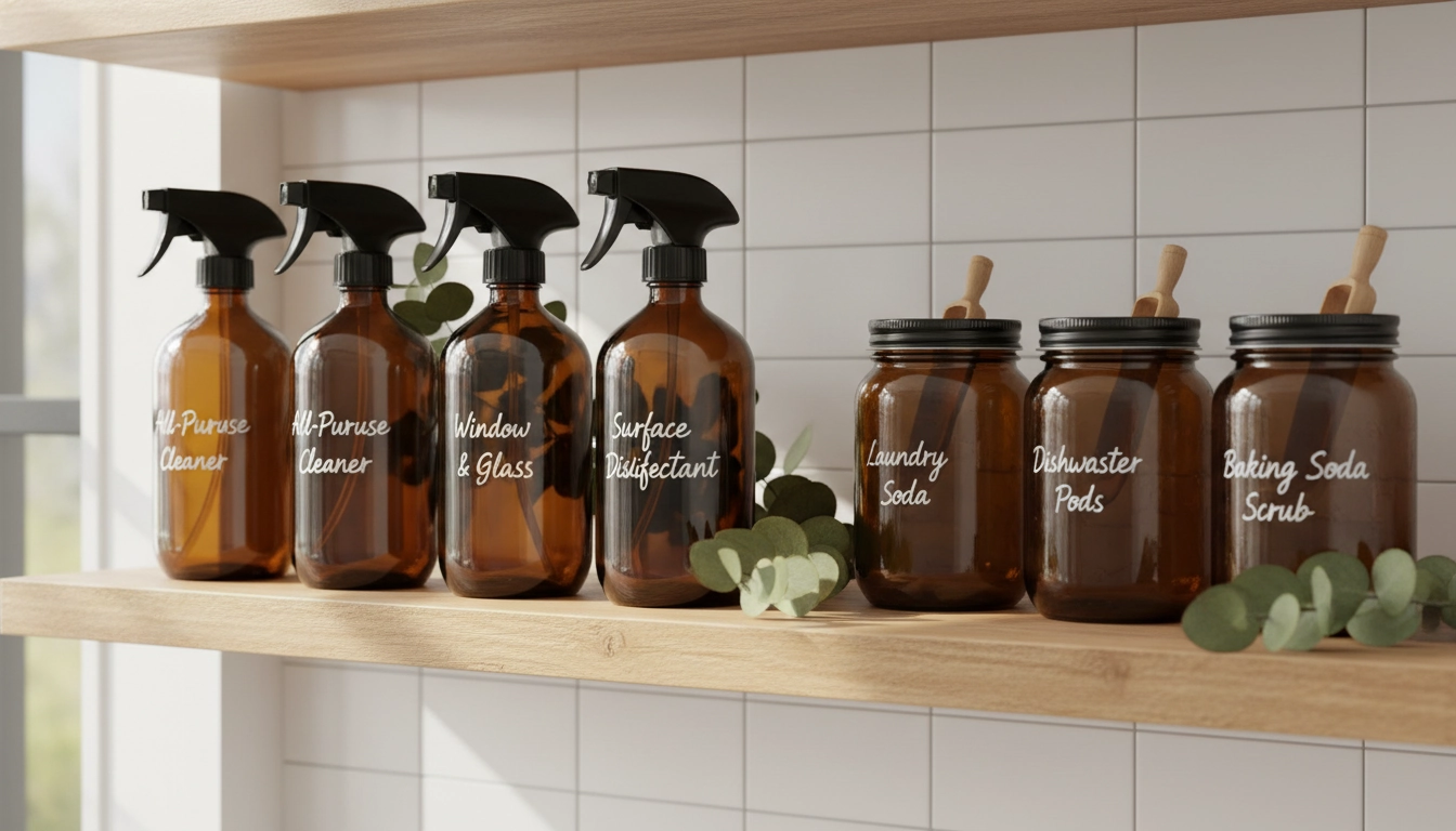 Différents flacons en verre ambré optimisant la conservation produits ménagers naturels faits maison.