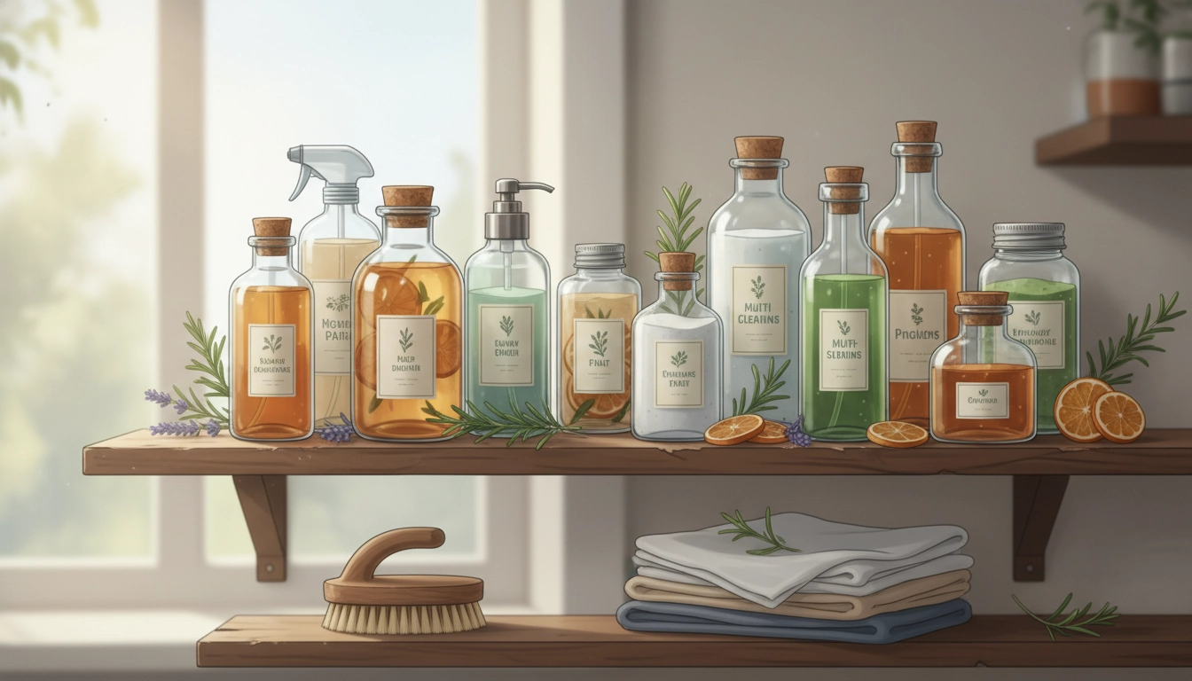 Bocaux et flacons en verre illustrant la conservation de produits ménagers écologiques.
