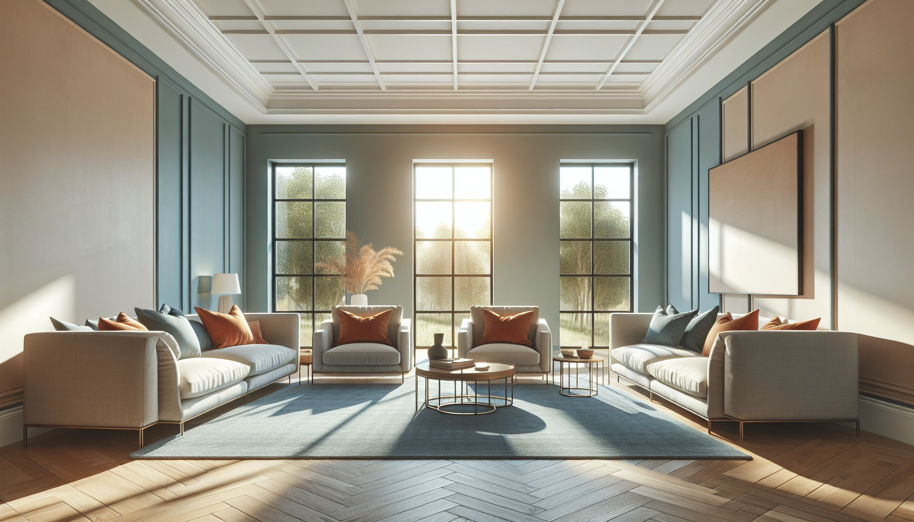 Salon moderne aux couleurs harmonieuses aménagement salon avec murs bleu doux et accents ocre
