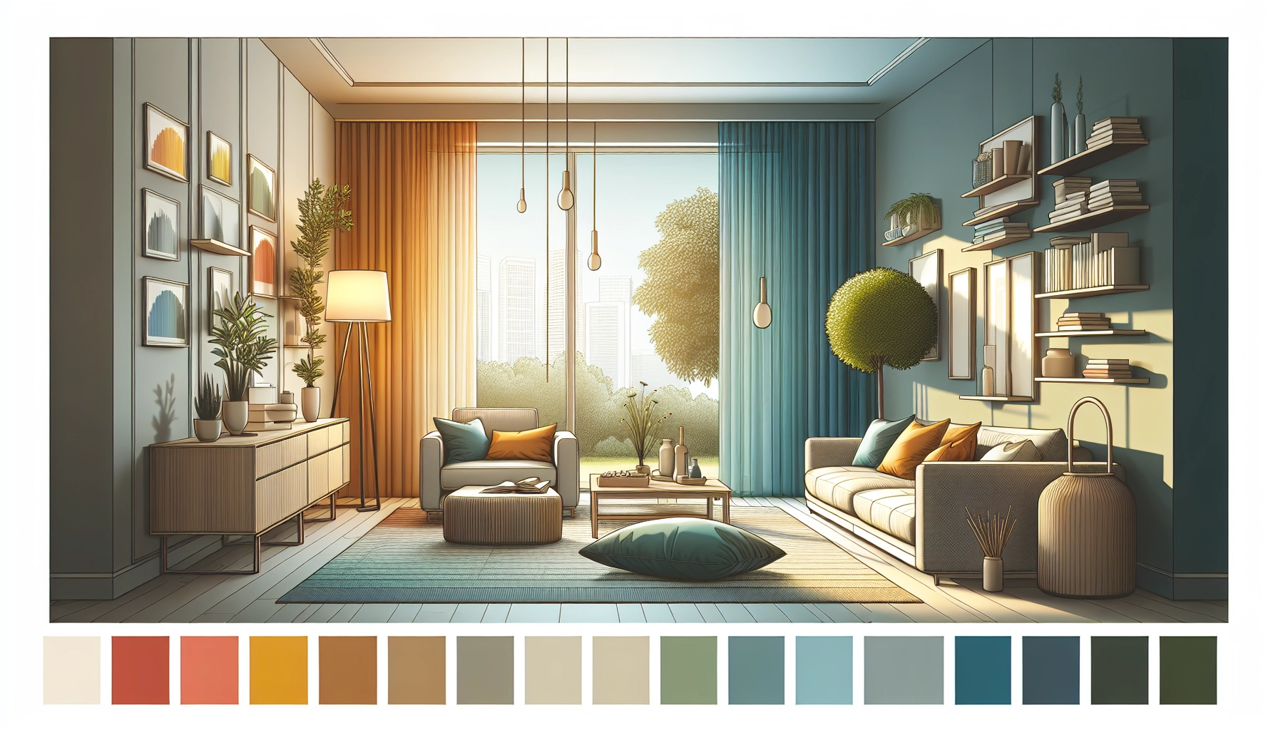 Salon moderne avec couleurs harmonieuses aménagement salon en tons bleu doux et ocre chaud