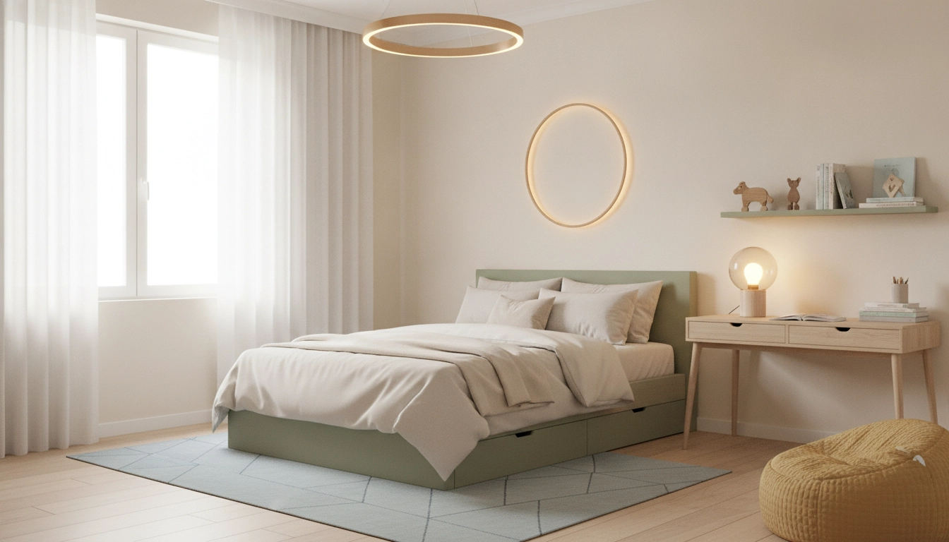 Chambre d'enfant lumineuse avec des tons doux et un aménagement optimisé incluant des couleurs lumières aménagement chambre enfant