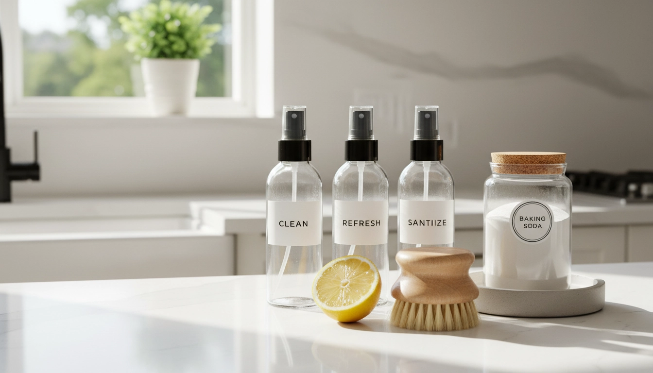 Comparaison visuelle du coût produits ménagers naturels vs industriels avec des ingrédients bruts sur un plan de travail.