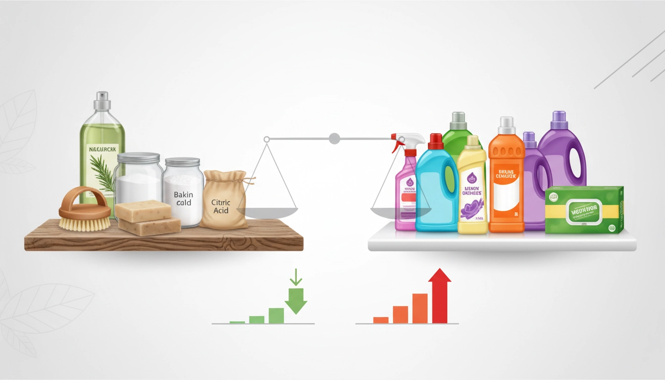 Flacons en verre et ingrédients bruts illustrant les économies réalisées à la maison.